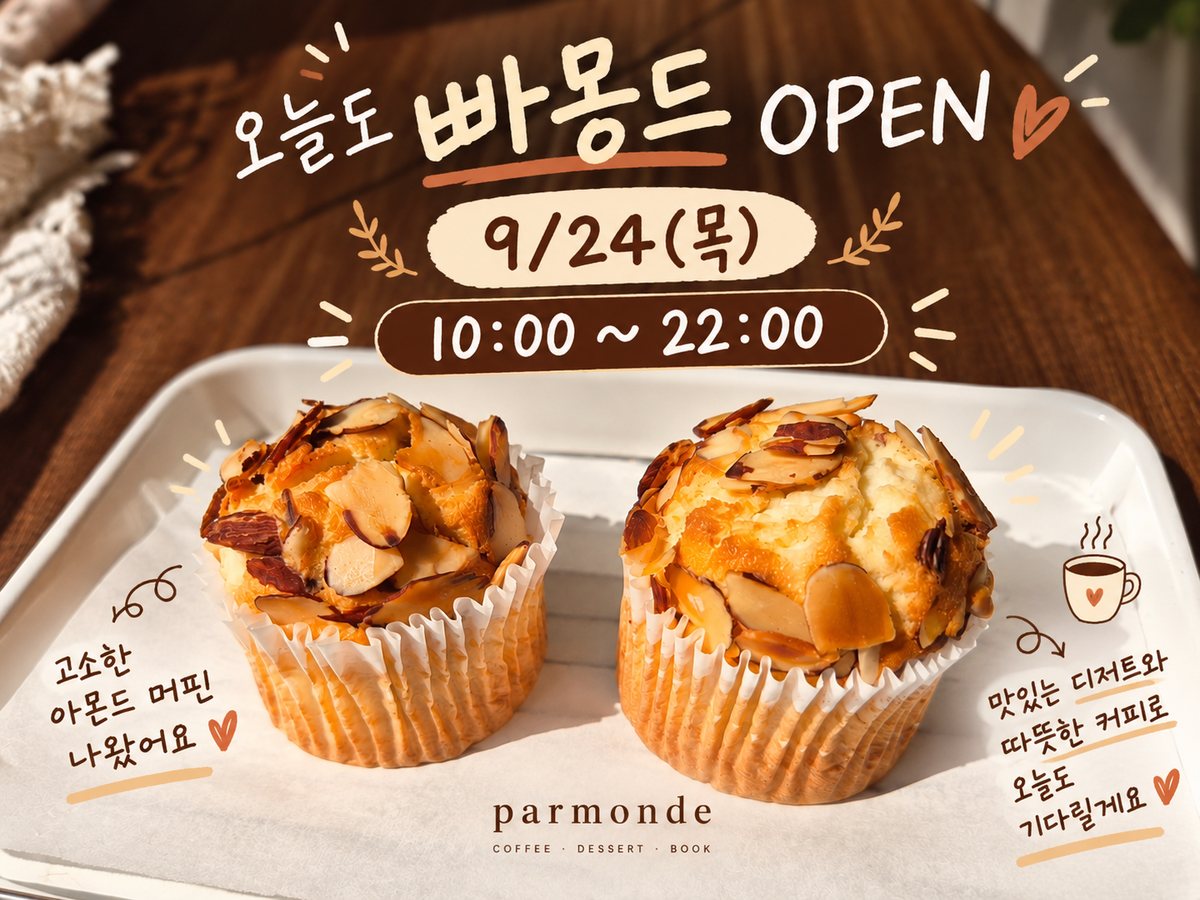 9월 24일 목요일 빠몽드 OPEN 10:00~22:00 - 고소한 아몬드 머핀